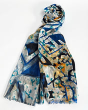 Load image into Gallery viewer, Blue abstract silk scarf, hand printed, by Roche Foulards
