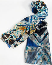 Load image into Gallery viewer, Blue abstract silk scarf, hand printed, by Roche Foulards

