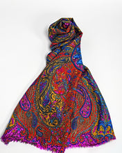 Load image into Gallery viewer, Red and magenta paisley silk scarf, hand printed, by Roche Foulards
