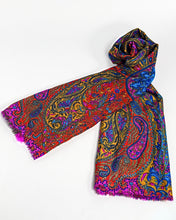 Load image into Gallery viewer, Red and magenta paisley silk scarf, hand printed, by Roche Foulards
