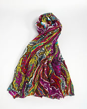 Load image into Gallery viewer, Purple and yellow paisley silk scarf, hand printed, by Roche Foulards

