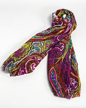 Load image into Gallery viewer, Purple and yellow paisley silk scarf, hand printed, by Roche Foulards
