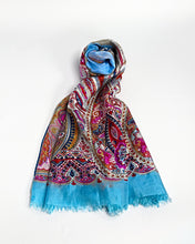 Load image into Gallery viewer, Turquoise border paisley silk scarf, hand printed, by Roche Foulards
