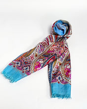 Load image into Gallery viewer, Turquoise border paisley silk scarf, hand printed, by Roche Foulards
