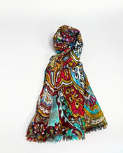 Load image into Gallery viewer, Turquoise and gold ornamental silk scarf, hand printed, by Roche Foulards
