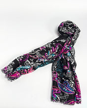 Load image into Gallery viewer, Black paisley silk scarf, hand printed, by Roche Foulards

