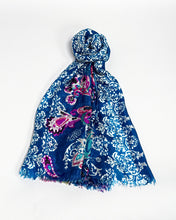 Load image into Gallery viewer, Navy blue damask silk scarf, hand printed, by Roche Foulards
