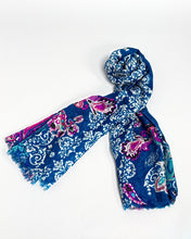 Load image into Gallery viewer, Navy blue damask silk scarf, hand printed, by Roche Foulards
