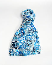 Load image into Gallery viewer, Light blue floral silk scarf, hand printed, by Roche Foulards

