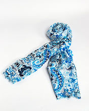 Load image into Gallery viewer, Light blue floral silk scarf, hand printed, by Roche Foulards
